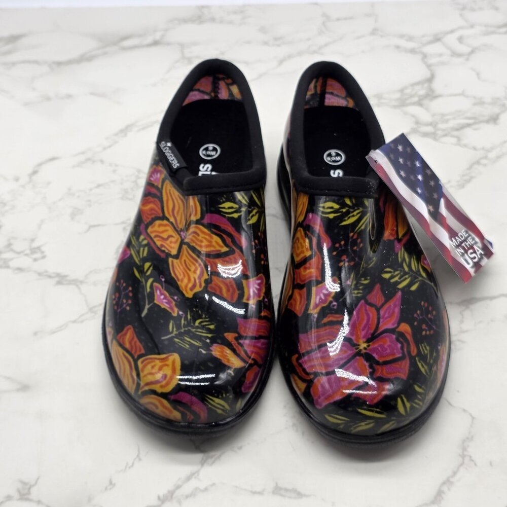Sloggers Rain Shoes Garden Boots Women 6 Waterproof Slip on Black Floral Low NEW - Picture 2 of 10